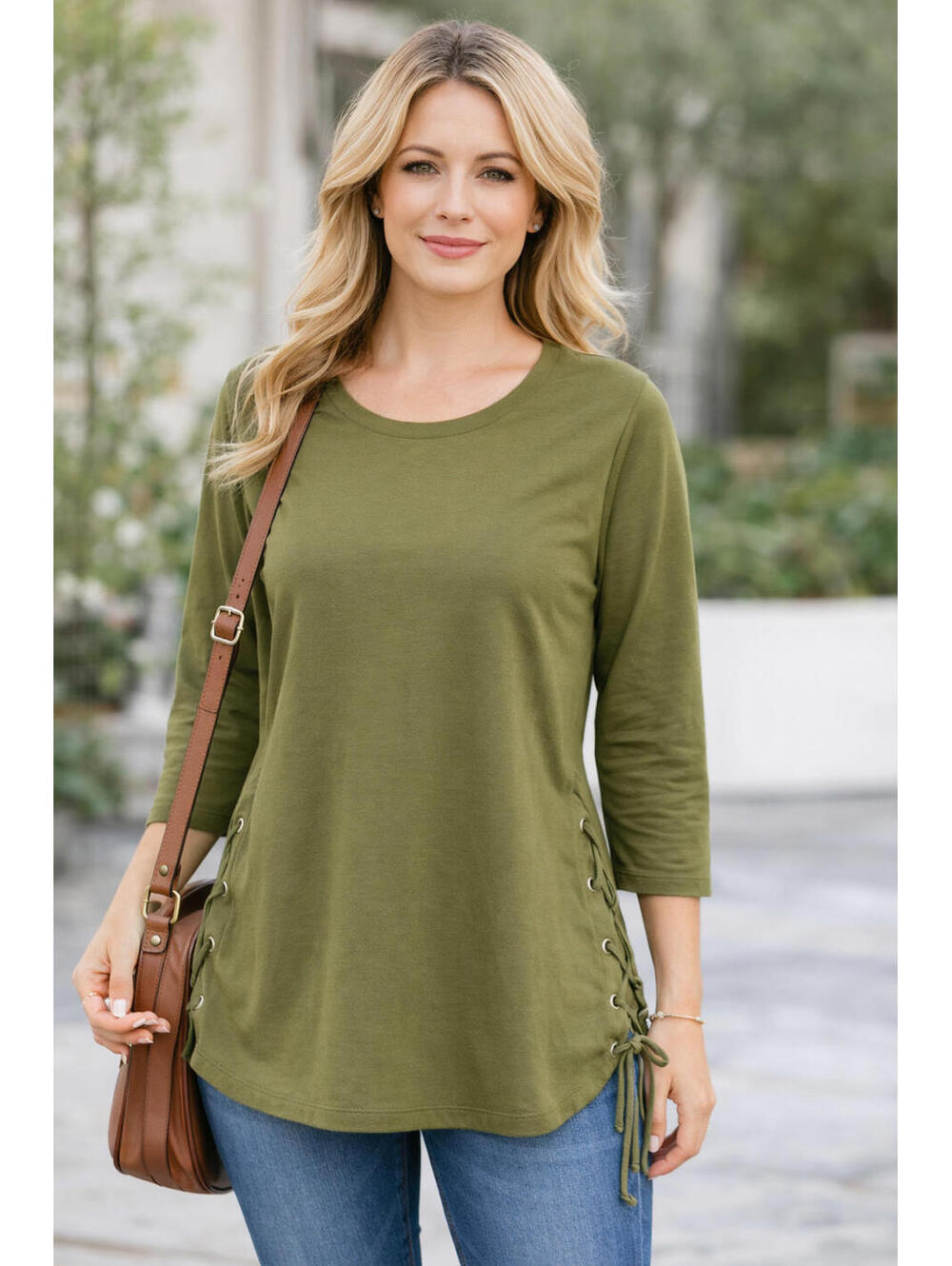 Alie & Rob M Top Olive Green Lace Up Side Tunic 3/4 Sleeve NWOT A15